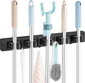 Mop and Broom Holder Wall Mount - Black Broom Mop Hanger - Wall Mounted Garden Tool Rack Organizer for Closet Garage Laundry Room Kitchen Decor With 5