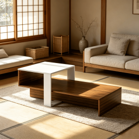 Modern 2-Tier Coffee Table Irregular Center Table with Open Storage Shelf for Living Room Decorative Wooden Top