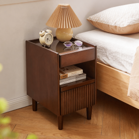Wooden Bedside Table with 1 Drawer Open Shelves, Wood Board Side Tables Storage Small Narrow Desk Chest of Drawer, Lamp Stand Nightstand Cabinet