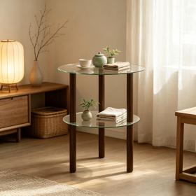 2-Tier round End Table Clear Tempered Glass Top Shelf Living Room Coffee Table Modern Minimalist Style Home Decor