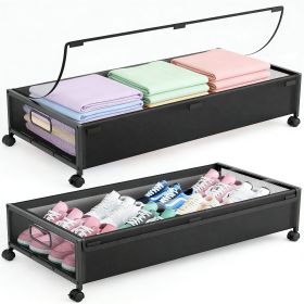 Under Bed Storage Containers with Wheels, 2 Pack Underbed Shoe Storage Organizer with Clear Lids, Rolling Under Bed Metal Drawers for Clothes