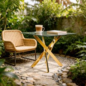 Dining Table with cross metal leg and tempered glass,Modern Space Saving Kitchen Table for Living Room,chrome legs,Square table,golden legs,90x90x75cm