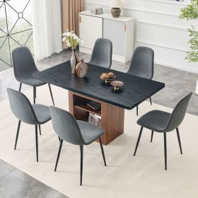 Expandable Dining table and chair set, 59-71 inch pull-out table,Paired With 6 Dark Gray Linen-Cotton Material chairs