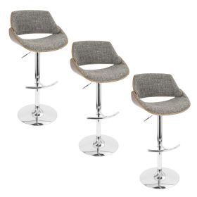 Mid-Century Modern Adjustable Barstool with Swivel in Chrome Metal, Walnut Wood and Grey Noise Fabric with Rounded T Footrest - Set of 3