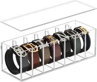FEMELI Belt Organizer, Acrylic Belt Storage for Closet with Dust Cover, 7 Compartments Belt Container Display Holder for Drawer