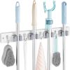 White Mop Broom Holder Wall Mount with 4 Slots & 4 Hooks - Wood Broom Mop Hanger for Pantry Closet Laundry Room Organization - Heavy Duty Garden Tool
