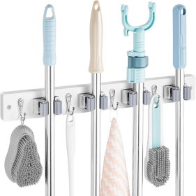 White Mop Broom Holder Wall Mount with 4 Slots & 4 Hooks - Wood Broom Mop Hanger for Pantry Closet Laundry Room Organization - Heavy Duty Garden Tool