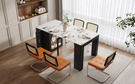 TREXM Extendable Dining Table with 3 Removable Middle Leaves, Mobile Rolling Island Table with Power Outlet