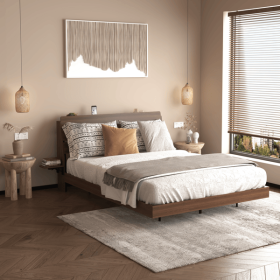 Floating Bed Frame Queen with Led Lights and Charging Station, Wood Queen Size Bed Frame with Storage Headboard, No Box Spring Needed, Easy Assembly