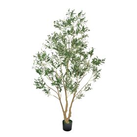 8FT Artificial Olive Tree with Black Pot, Tall Fake Tree with Natural Wood Trunk & Realistic Green Leaves and Fruits, Indoor Faux Plant for Home