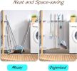 White Mop Broom Holder Wall Mount with 4 Slots & 4 Hooks - Wood Broom Mop Hanger for Pantry Closet Laundry Room Organization - Heavy Duty Garden Tool