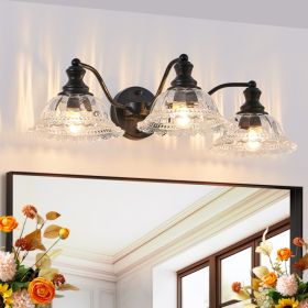 24 Inch 3-Light Vintage Bathroom Wall Sconce Elegant Black Metal And Glass Lampshade Vanity Light Fixture For Bathroom, Hallway, Or Bedroom Bulb (Option: BLACK)