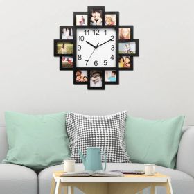 2 In 1 Wall Clock Photo Frame with Quartz Movement, 12 Photo Openings High Transparent Protective Cover ABS Material Back Hook Wall Mount for Liv (Option: BLACK)