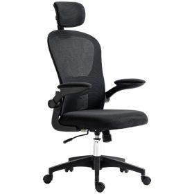 Office Chair, Mesh Computer Desk Chair with Adjustable Headrest, 4D Lumbar Support, Flip-up Arm, Black (Option: BLACK)