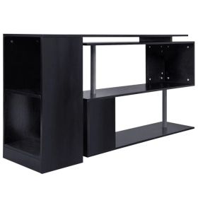 55" Corner Computer Desk, 360° Rotating L-Shaped Desk, Home Office Workstation with 3-Tier Shelves, Bookshelf, Black (Option: BLACK)