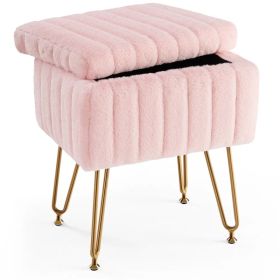 Vanity Stool Chair with Storage, Ottoman Faux Fur Soft Padded Makeup Footstools Seat with 4 Metal Legs Anti-Slip Adjustable Feet Modern (Option: Pink)