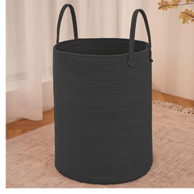 Large Woven Laundry Basket Hamper,60L Cotton Rope Storage Bin for Blankets,Toys and Clothes,Decorative Tall Nursery Hamper for Living Room (shape: Round)