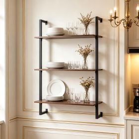 Modern 3-Tier Floating Shelf for Kitchen Living Room Home Office Bathroom - Wall Mounted Storage Organizer Rack (Color: Rustic Brown and Black)