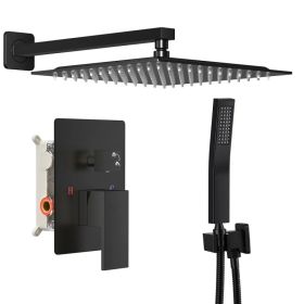 Wall-mounted shower faucet set - 10-12inch square overhead spray + handheld shower head with pressure balance and temperature control valve (Option: black/12in)